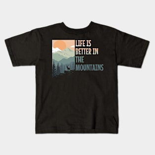 LIFE IS BETTER IN THE MOUNTAINS Pastel Colored Mountain Forest Sunset View With A Goat On The Rocks Kids T-Shirt